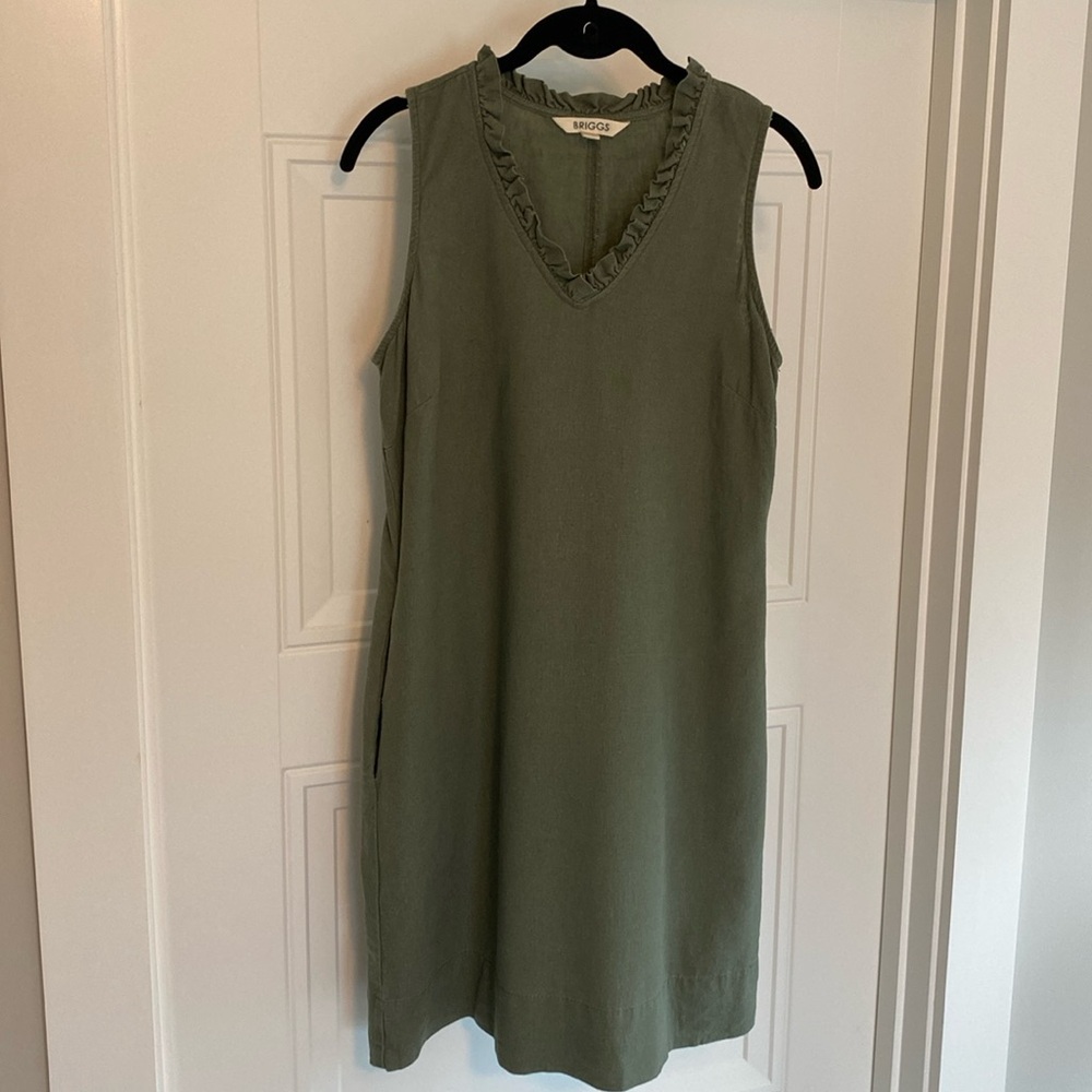 Briggs New York Ruffle V-neck Green Linen Blend Dress